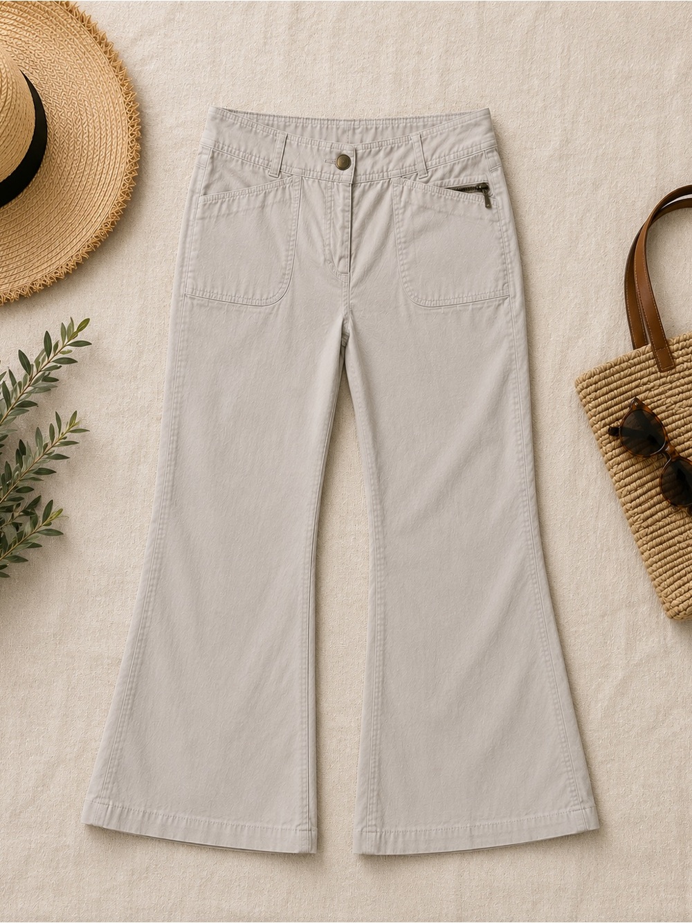 LOFT Cropped Pants 10 Beige Stretch Capri Flare Coastal Casual Summer Travel